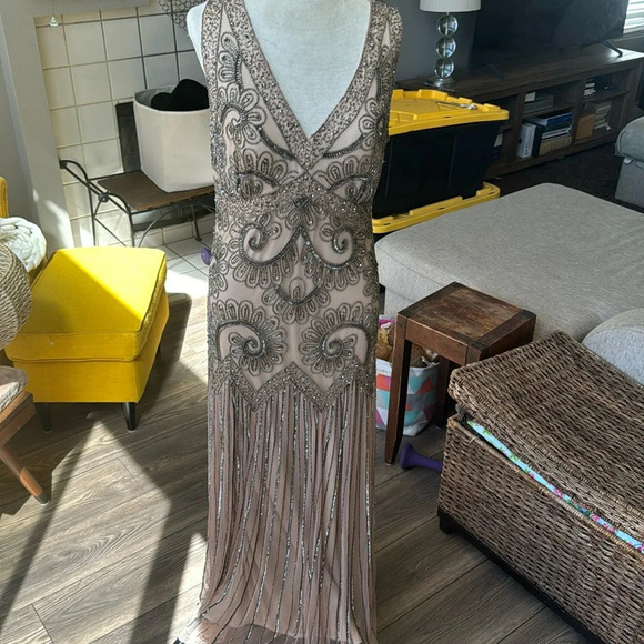 Beaded evening gown nude sheer wedding formal sleeveless natural size 10 dress - Picture 13 of 13